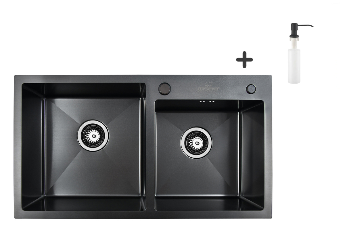 Изображение товара Двойная кухонная мойка из нержавеющей стали с дозатором 78x43 см