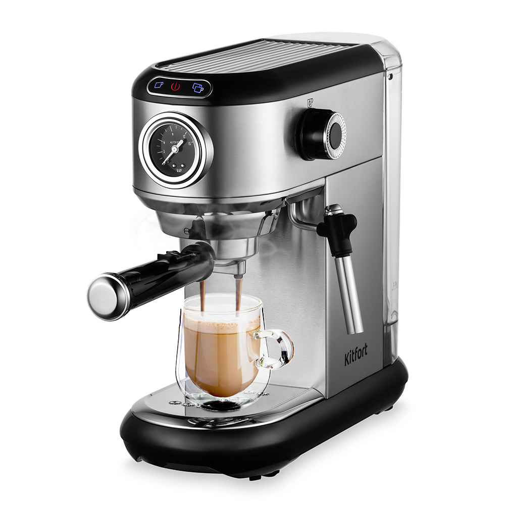Изображение товара Рожковая кофеварка Kitfort КТ-792 серебристая мощностью 1450 Вт