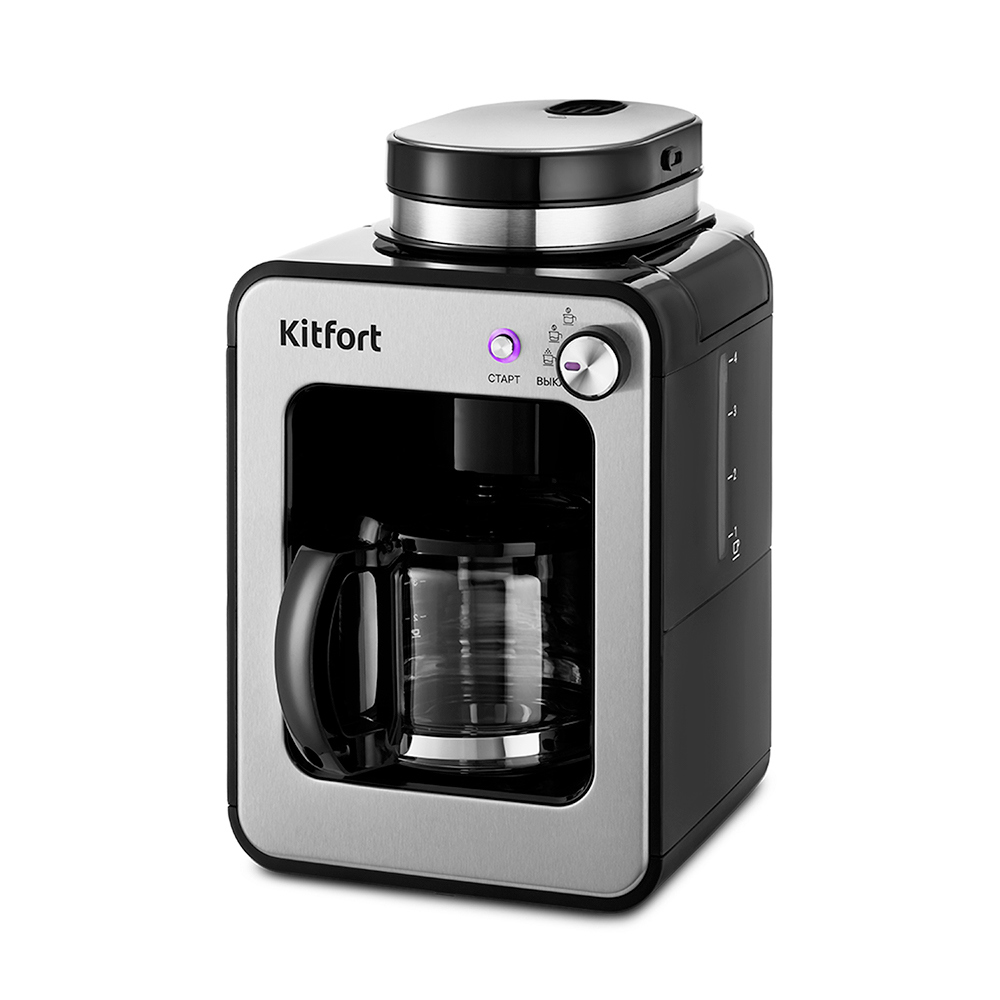Изображение товара Кофеварка Kitfort КТ-777 капельная с кофемолкой стильный дизайн серебристая