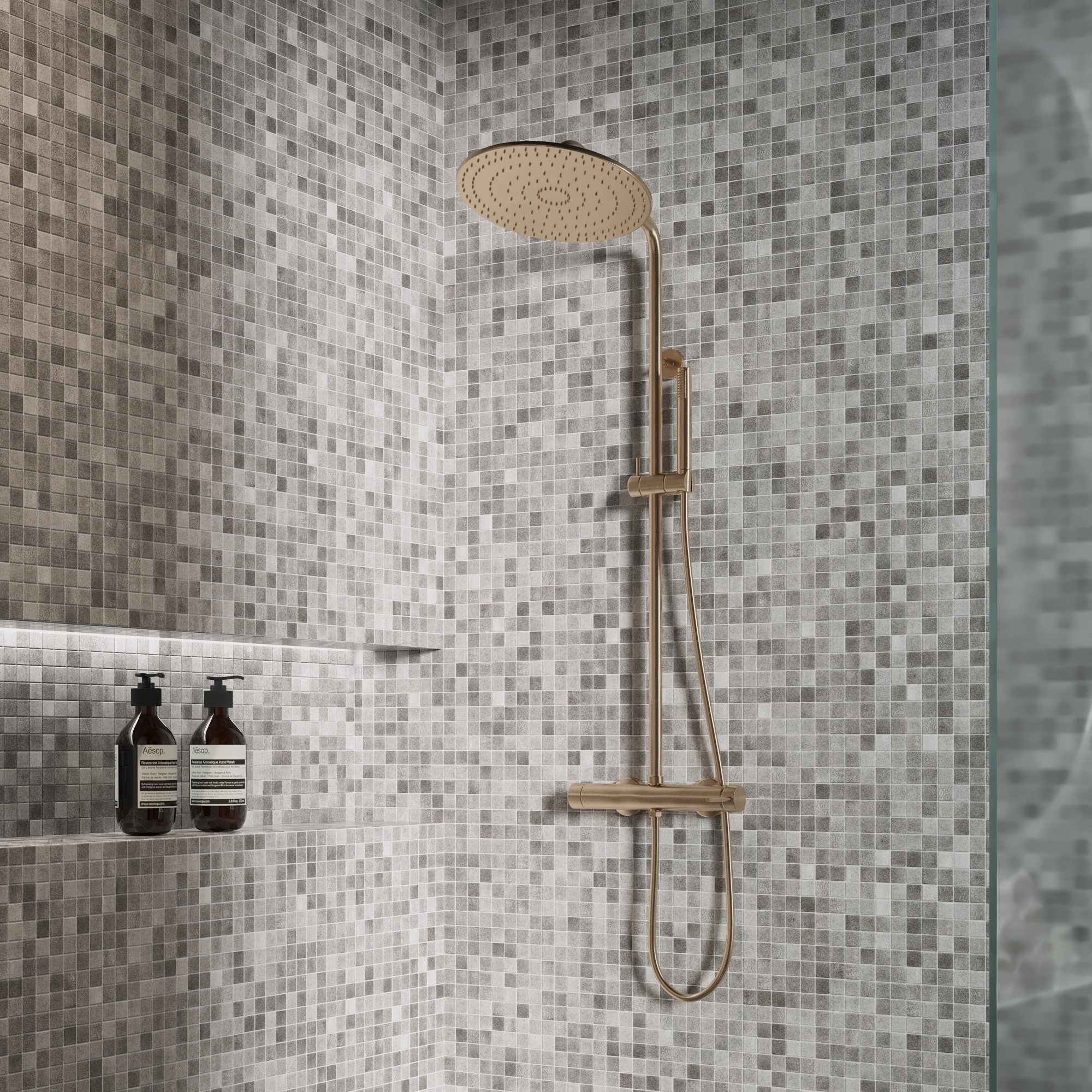 Изображение товара Стеклянная мозаика Vidrepur Pix Antislip серого цвета 31.7х31.7 см для ванных комнат