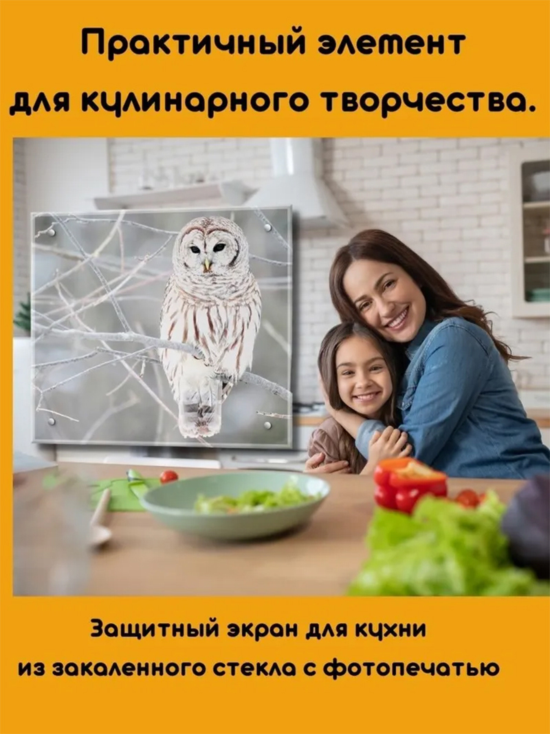 Изображение товара Защитный экран Borntoprint Сова 50x50 см из закаленного стекла для кухни