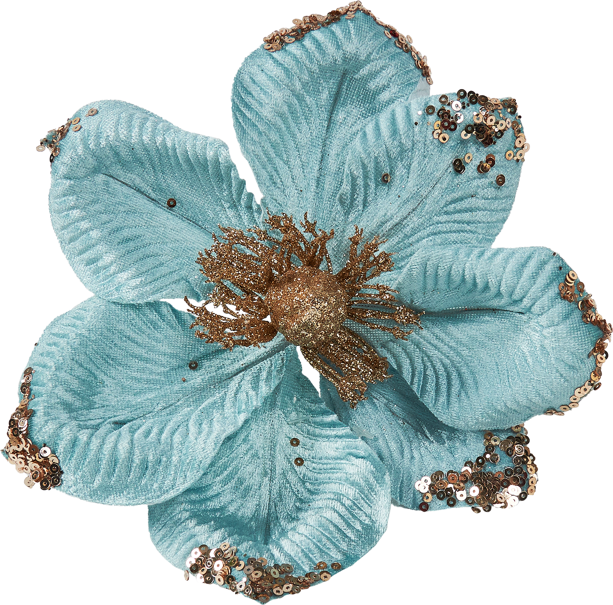 Изображение товара Новогоднее украшение Цветок загляденье 14x21 см золотисто-голубой для елки и интерьерных декоров