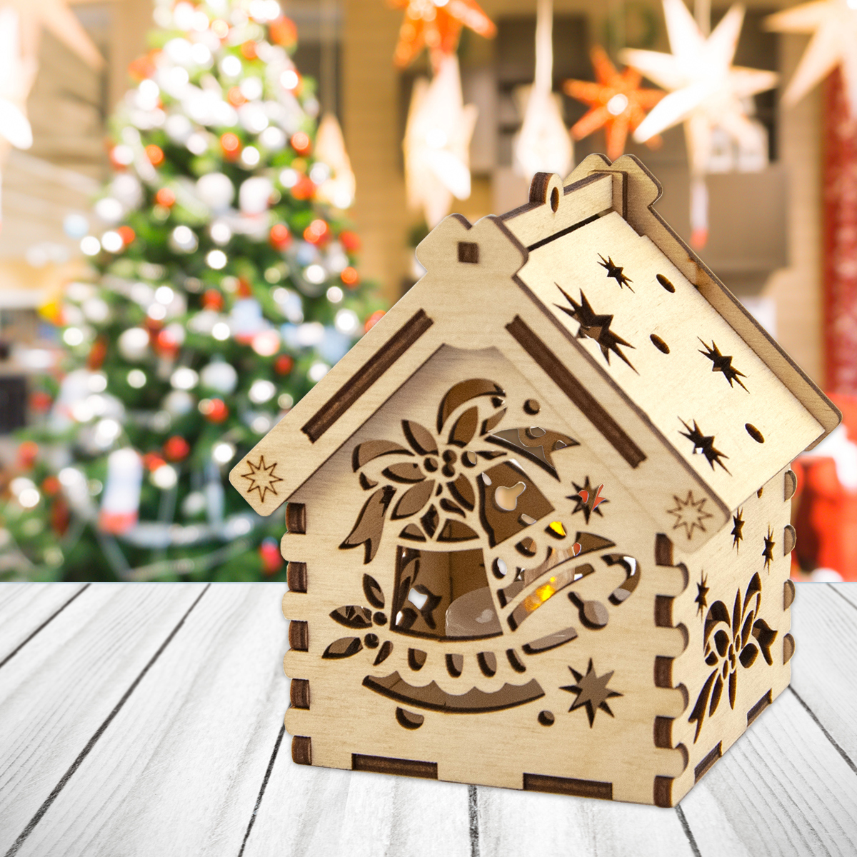 Изображение товара Рождественский домик с подсветкой и колокольчиками фанера 95х85х75 мм