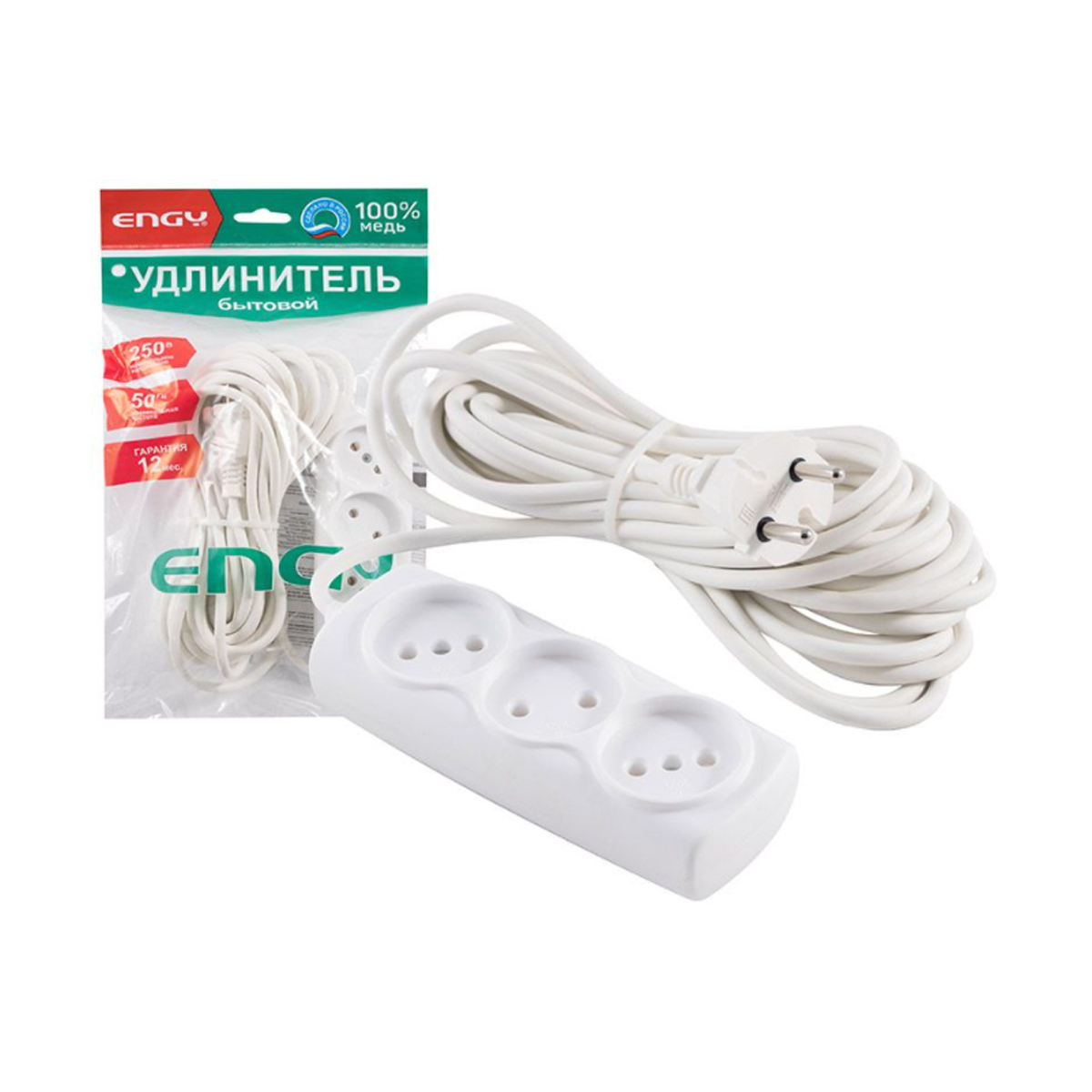 Изображение товара Engy Премиум 220777 - удлинитель 7 м, 3 розетки, без заземления, белый