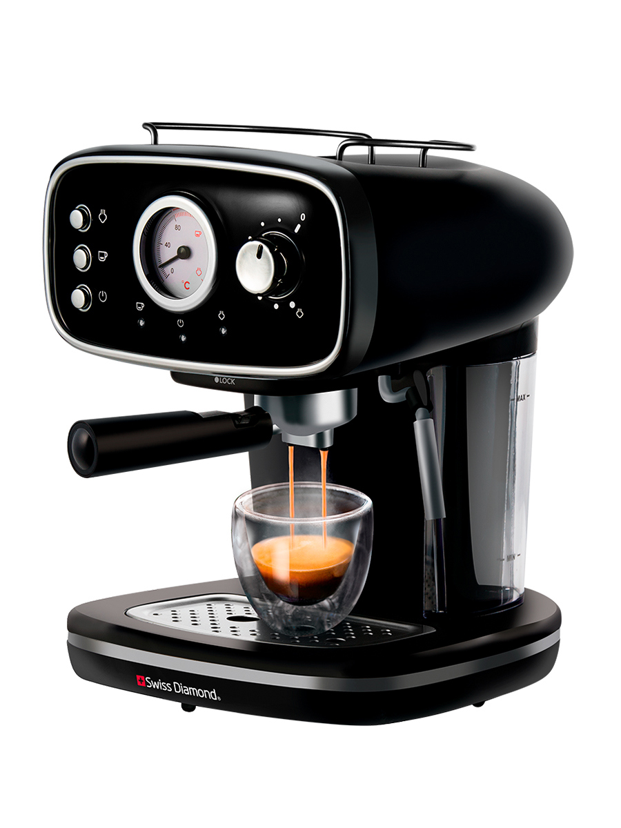 Изображение товара Рожковая кофеварка Swiss Diamond SD-ECM 002 мощностью 1100 Вт для эспрессо и капучино черная