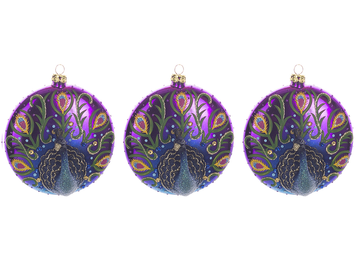 Изображение товара Новогоднее украшение Karlsbach плоский шар с павлином 3 шт 10 см стекло