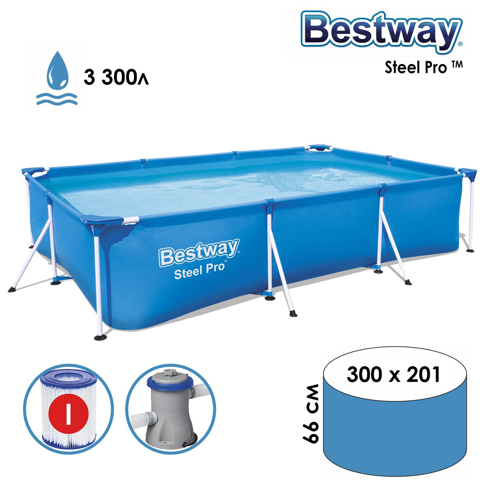 Изображение товара Бассейн каркасный Bestway 56411 Steel Pro 300x201x66 см
