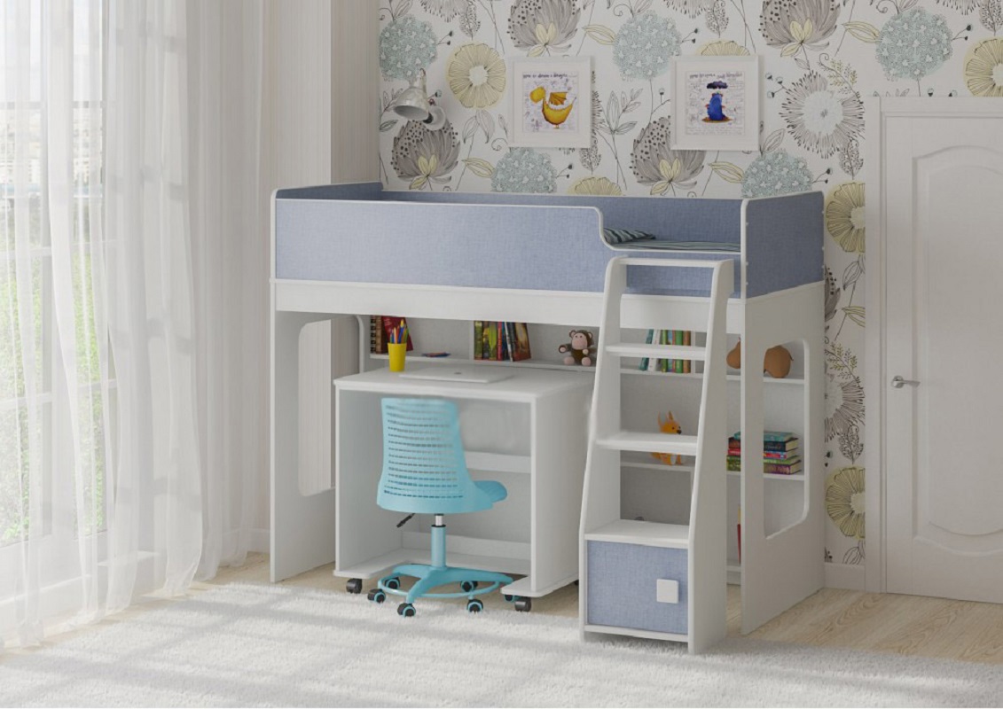 Изображение товара Детская кровать-чердак Кариви Сказка Л-42.3.6 с выдвижным столом, бело-голубой