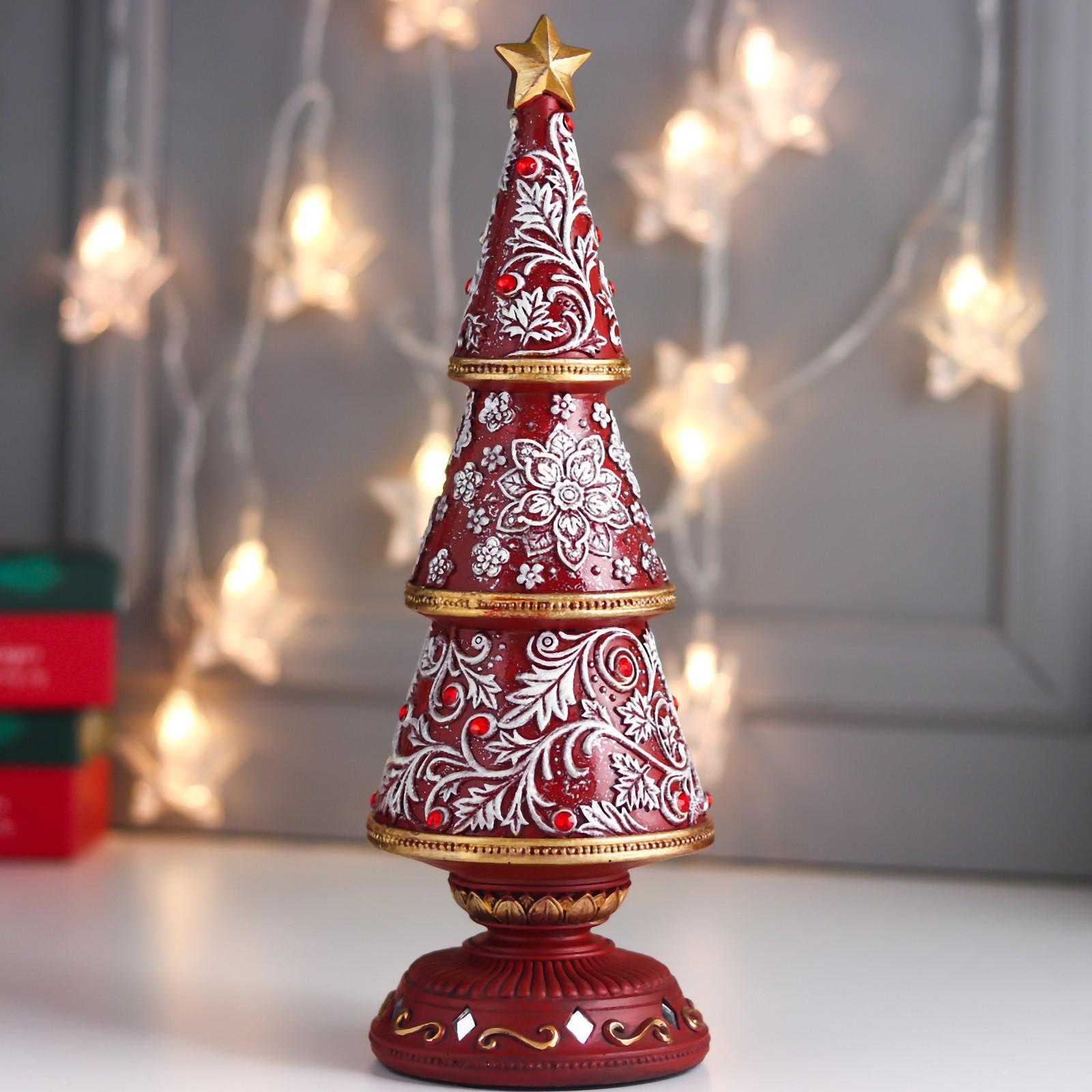 Изображение товара Новогодняя фигурка Simaland Красная ёлочка 3 яруса с серебристыми узорами со звездой 32x11x11 см