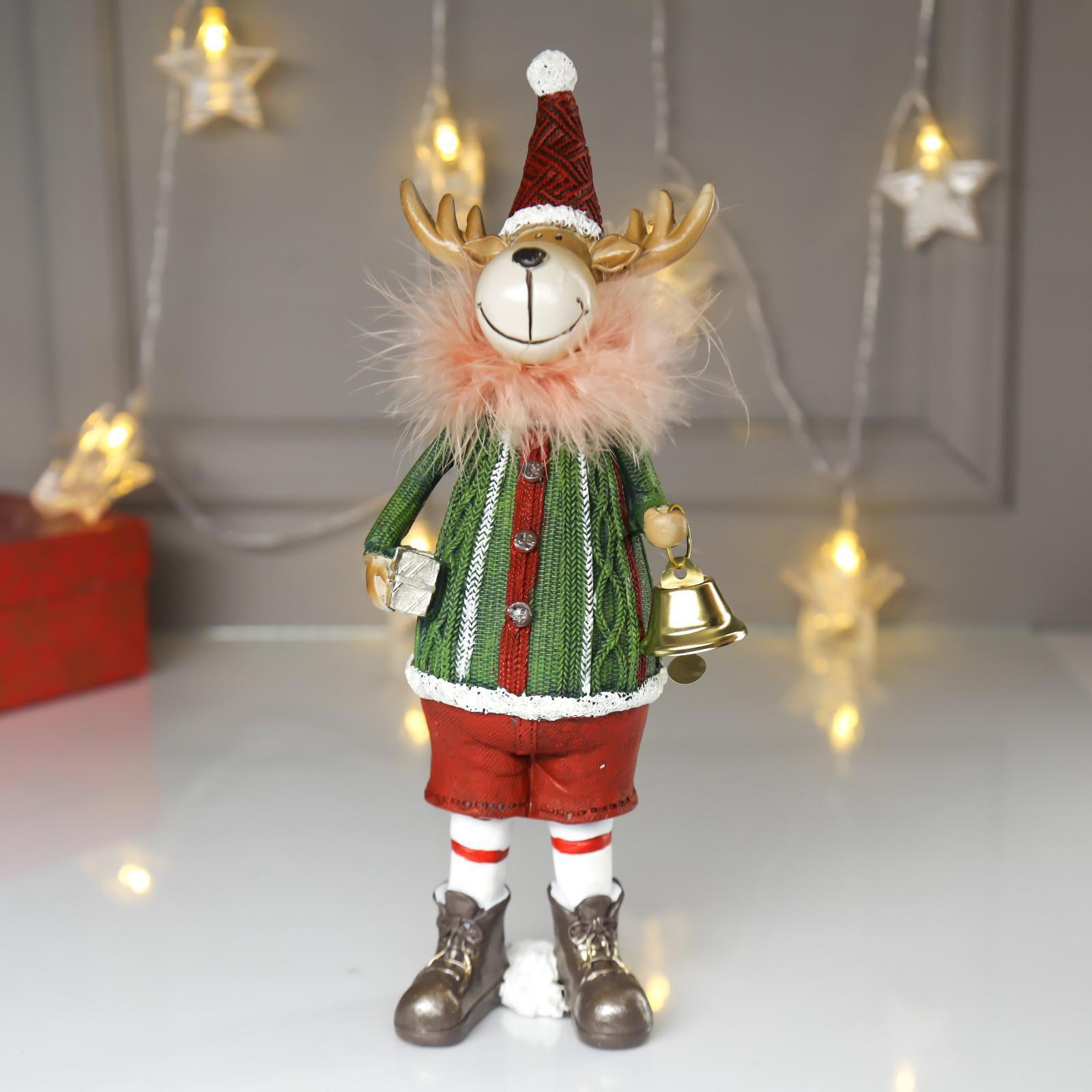 Изображение товара Новогодняя фигурка Simaland Лосик в зелёном свитере с колокольчиком 27x6.5x9 см