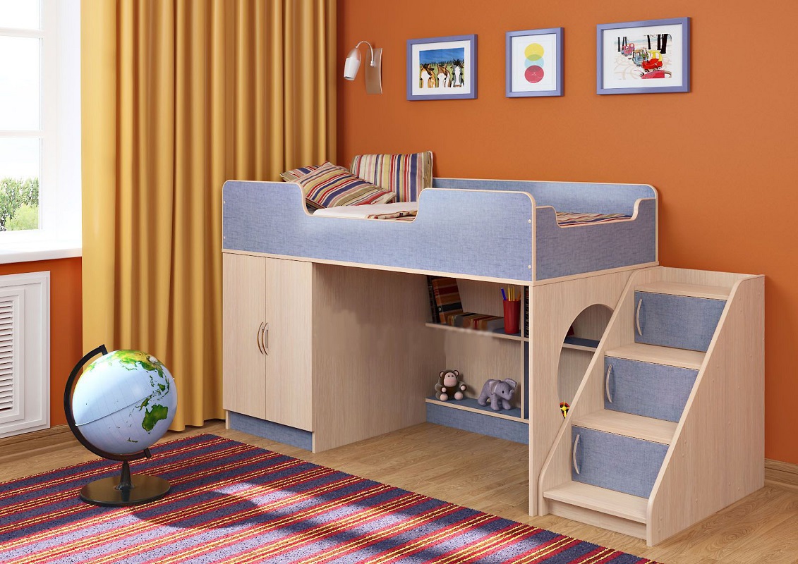 Изображение товара Кровать чердак Кариви Сказка 207x109 см ЛДСП голубой с шкафом и игровой зоной