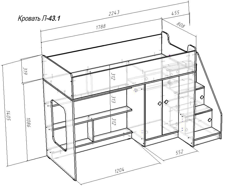 Изображение товара Детская кровать-чердак Кариви Сказка Л-43.1.1 225x141 см ЛДСП белое дерево голубой