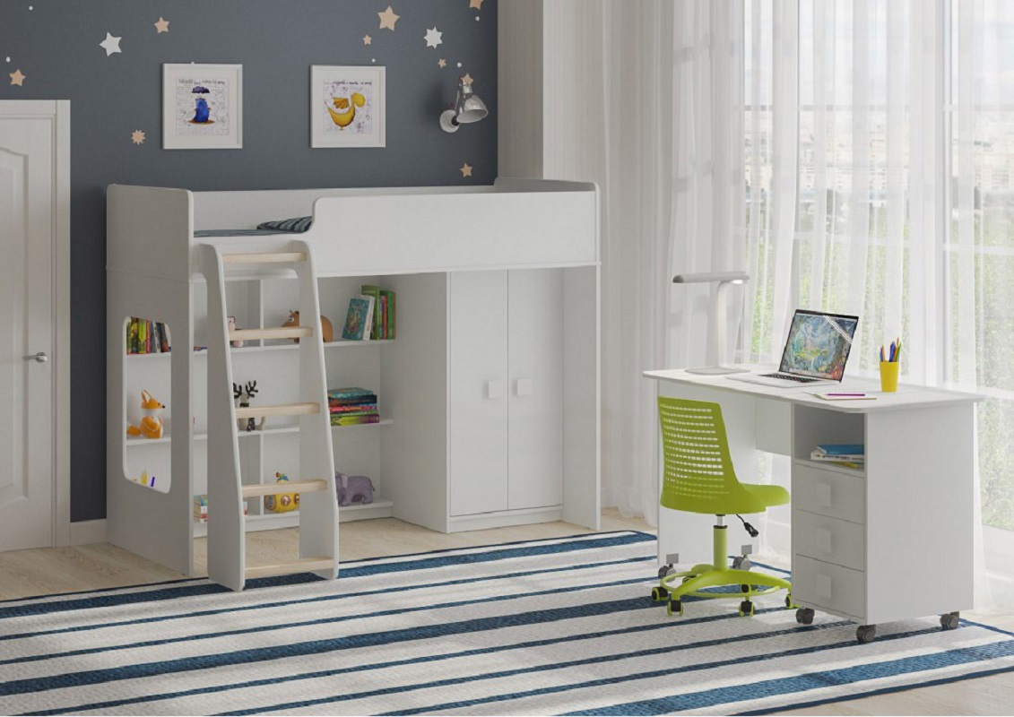 Изображение товара Кровать-чердак Кариви Сказка Л-42.1.4 белая с игровым уголком и столом 179x140 см