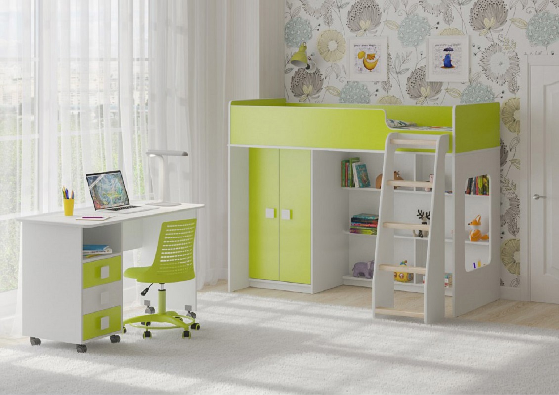 Изображение товара Кровать-чердак Кариви Сказка Л-42.1.4 179x140,50x116,70 см белый лайм Россия
