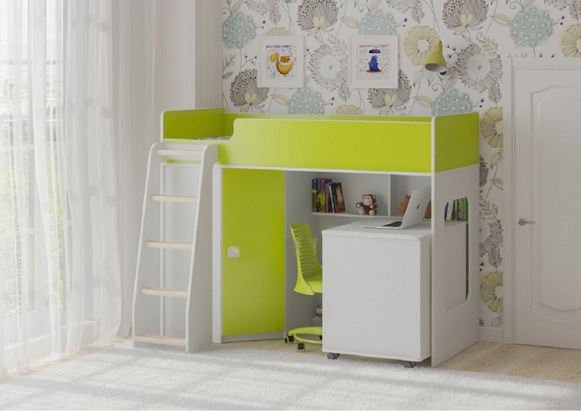 Изображение товара Кровать-чердак Кариви Сказка Л-42.2.4 с столом и шкафом белый лайм для детей