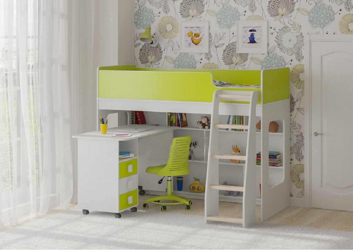 Изображение товара Кровать-чердак Кариви Сказка Л-42.3.5 белый/лайм с столом