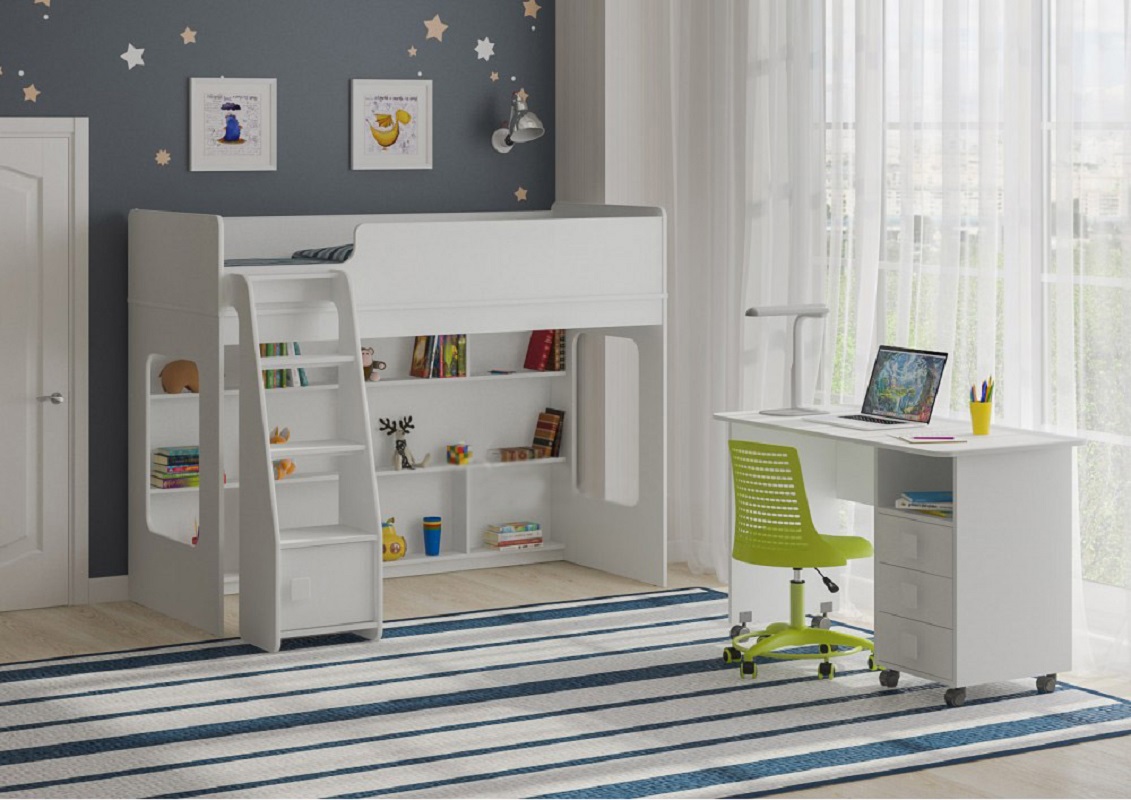 Изображение товара Кровать чердак Кариви Сказка Л-42.3.7 179x140.50x116.70 см ЛДСП белый с выдвижным столом