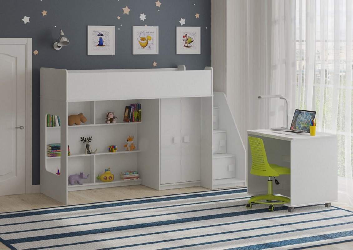 Изображение товара Кровать чердак Кариви Сказка Л-43.1.3 с выдвижным столом и шкафом, 224.4x140.5x80.8 см, белый