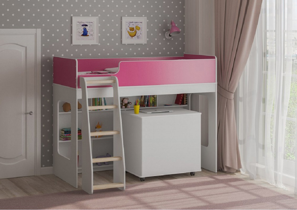 Изображение товара Кровать-чердак Кариви Сказка Л-42.3.4 179x140.50x116.70 см ЛДСП цвет белый/розовый