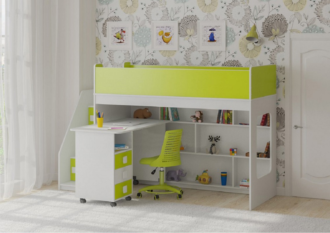 Изображение товара Кровать-чердак Кариви Сказка Л-43.3.5 224.40x140.50x80.80 см ЛДСП цвет белый/лайм