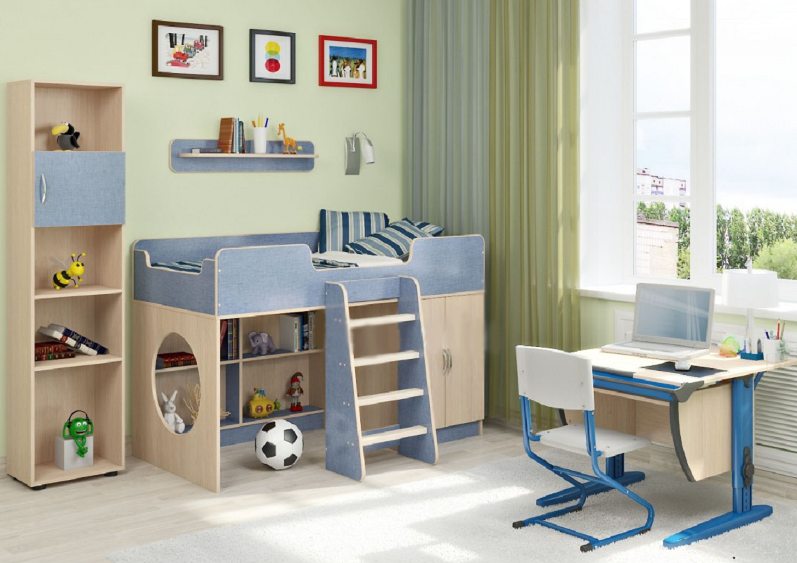 Изображение товара Детская кровать Кариви Сказка 255x185 см из ЛДСП светлый дуб голубой