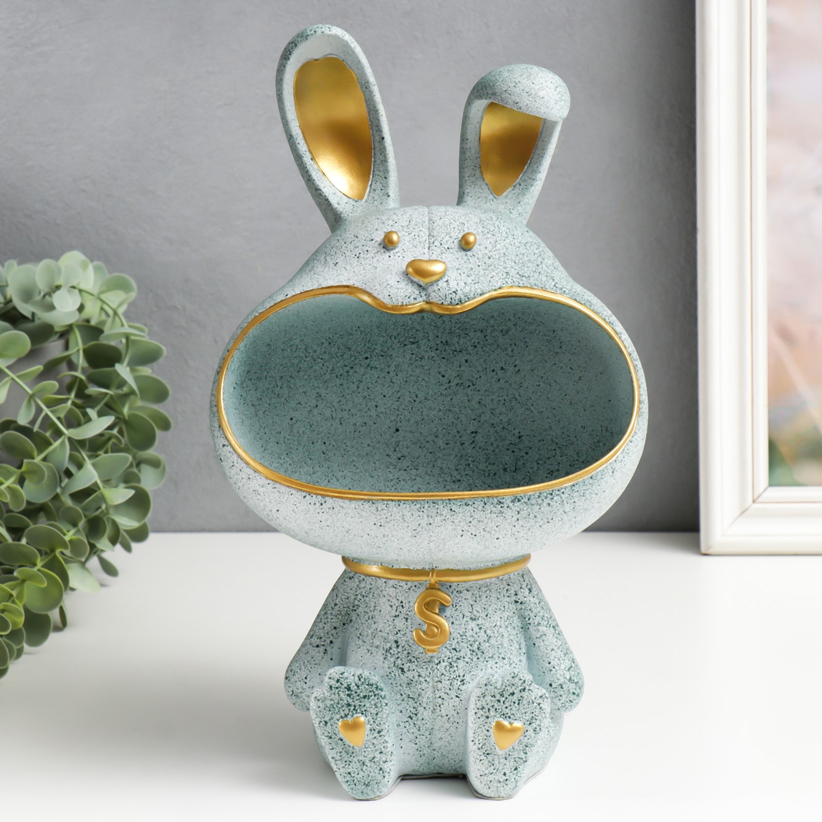 Изображение товара Подставка интерьерная "Заяц с подвеской доллар" серо-зелёный мрамор 29.5x17.5x13 см