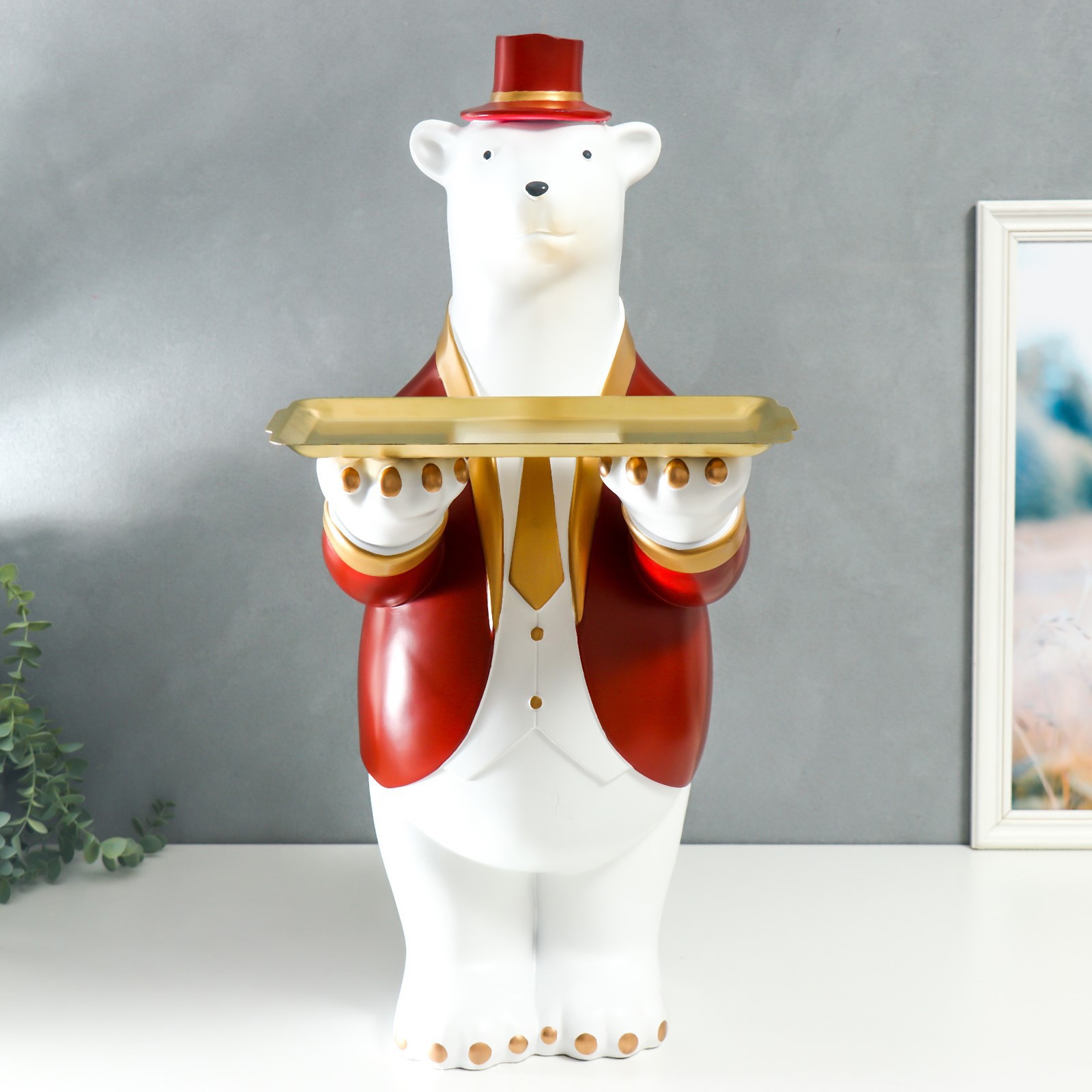 Изображение товара Подставка интерьерная "Белый медведь в красном пиджаке и цилиндре" 71x32.5 см