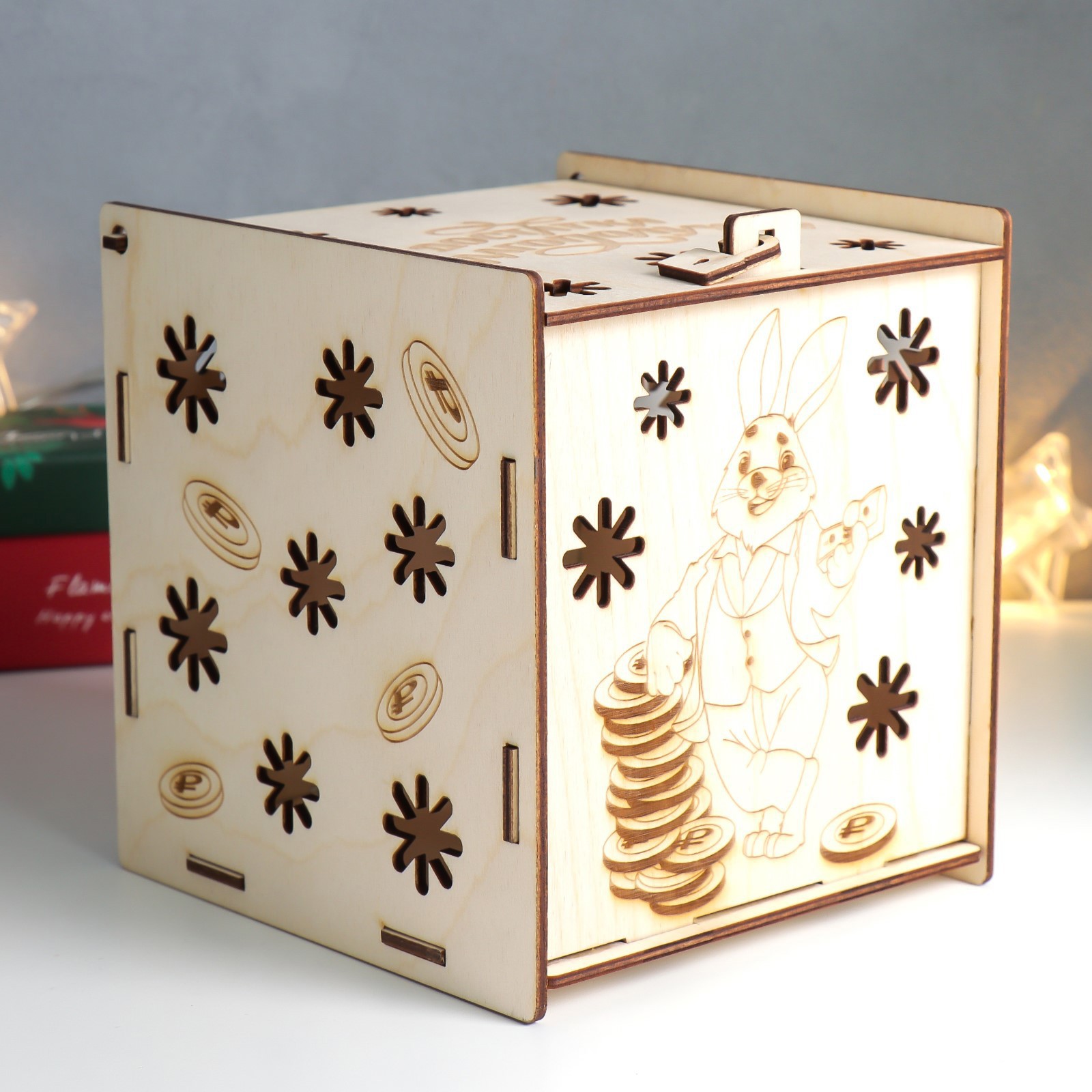 Изображение товара Шкатулка дерево "Куб. Кролик Достатка" 14x15x16 см