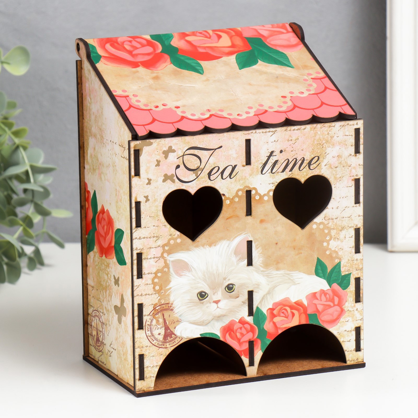 Изображение товара Чайный домик двойной «Котик» 21x10,5x15,5 см — декоративный органайзер из фанеры