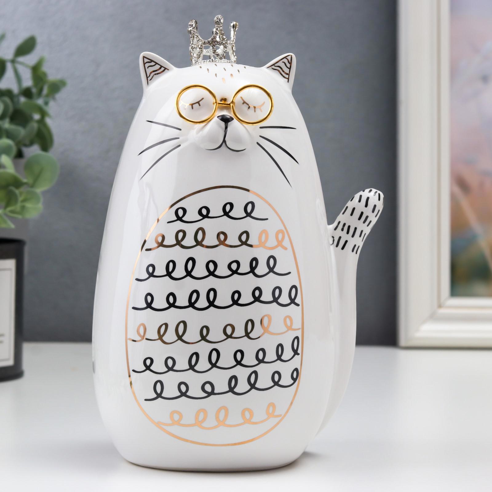 Изображение товара Фигурка "Котик в очках, в короне" белый с золотом 18.2x9.5x11.8 см