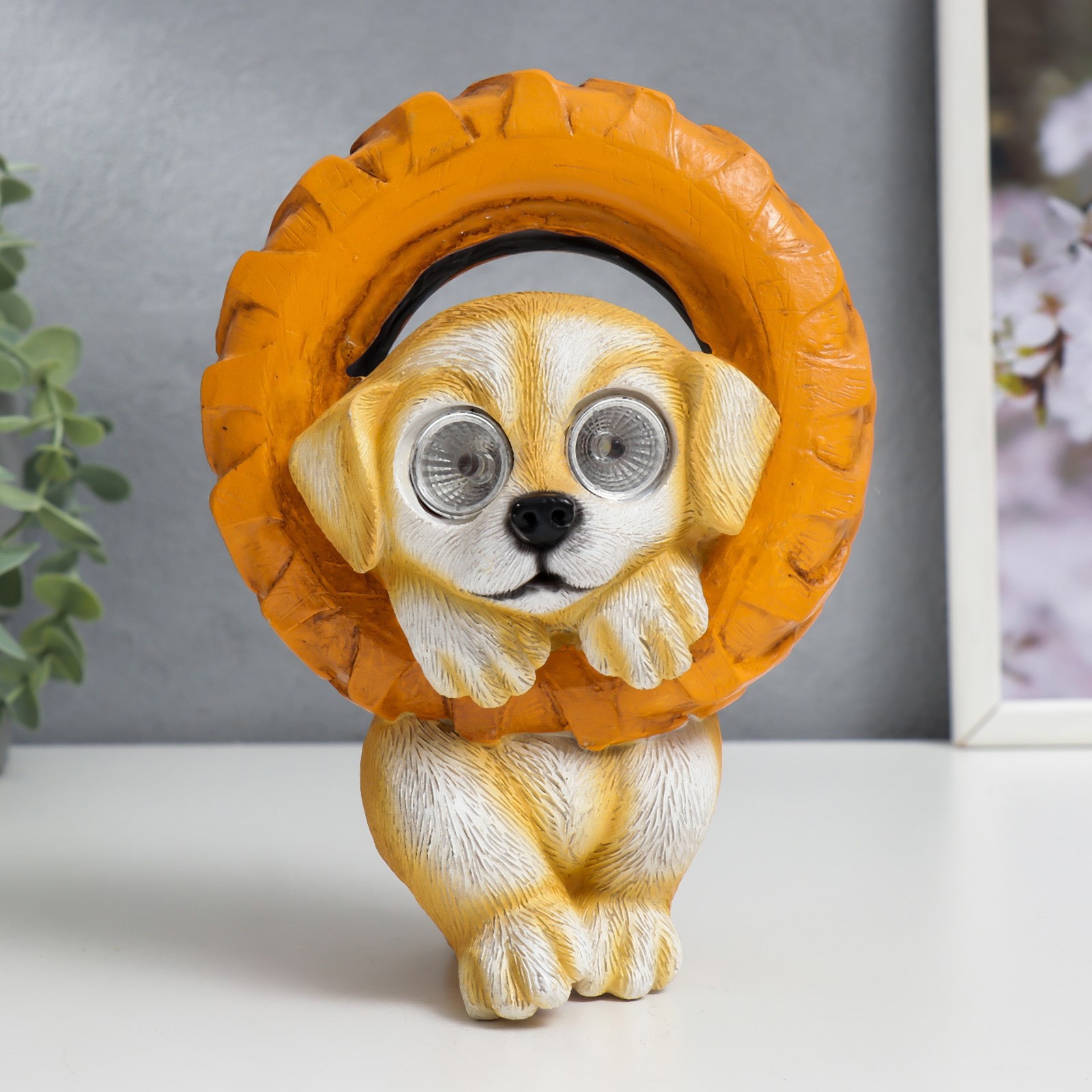 Изображение товара Фигурка с подсветкой "Пёсик зацепился за колесо" от солнечной батареи 19.5x11x13.5 см