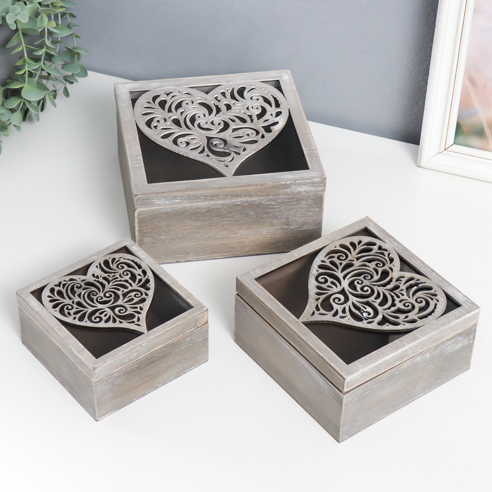 Изображение товара Шкатулка "Ажурное сердце" набор 3 шт 12x12x6.5;15x15x8;18x18x9 см