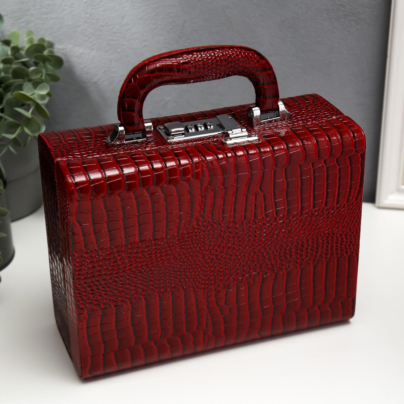 Изображение товара Шкатулка для украшений "Кожа крокодила" бордо лак чемодан 10x18x24 см