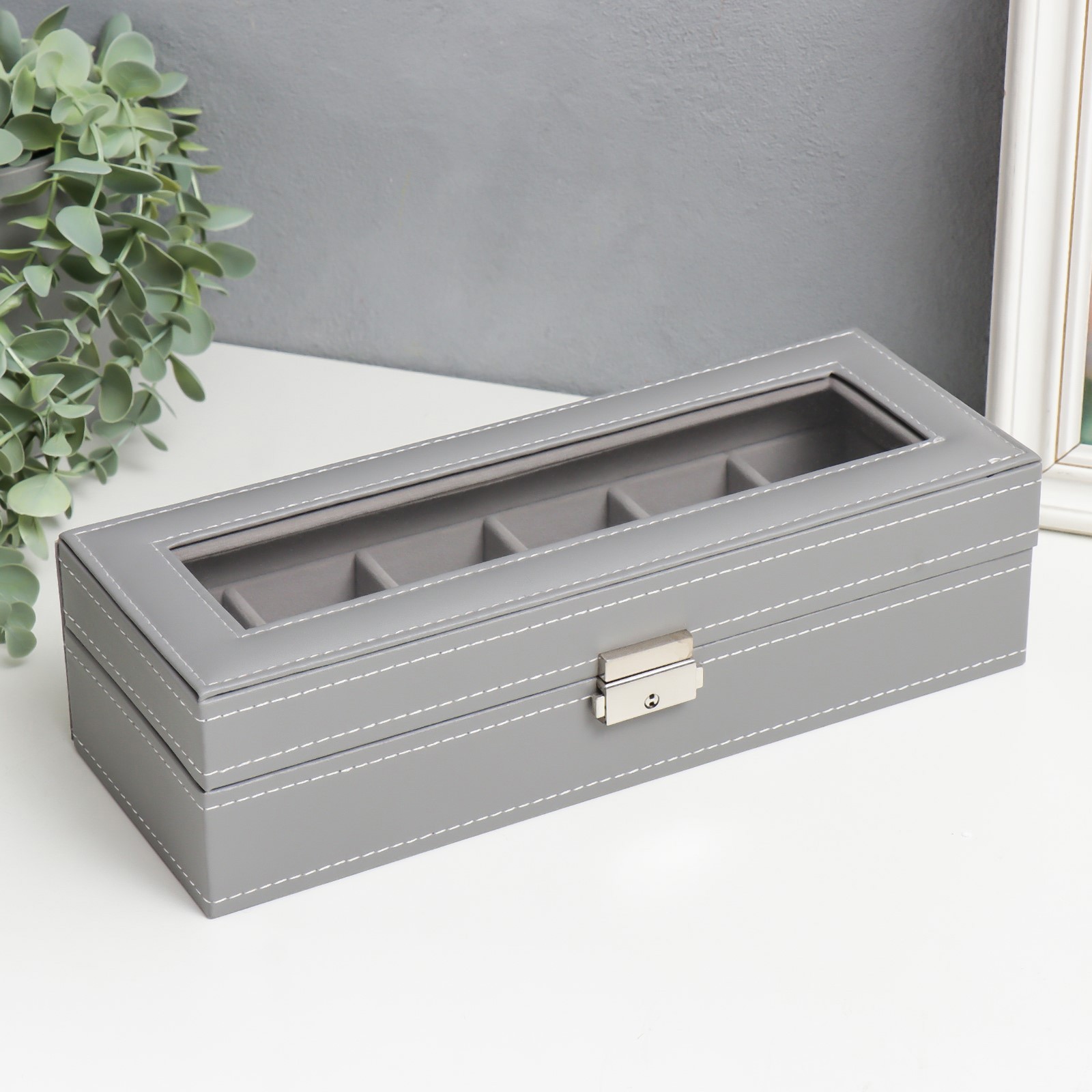 Изображение товара Шкатулка под часы 6 отделений "Серая с белой строчкой" 8x30x11 см
