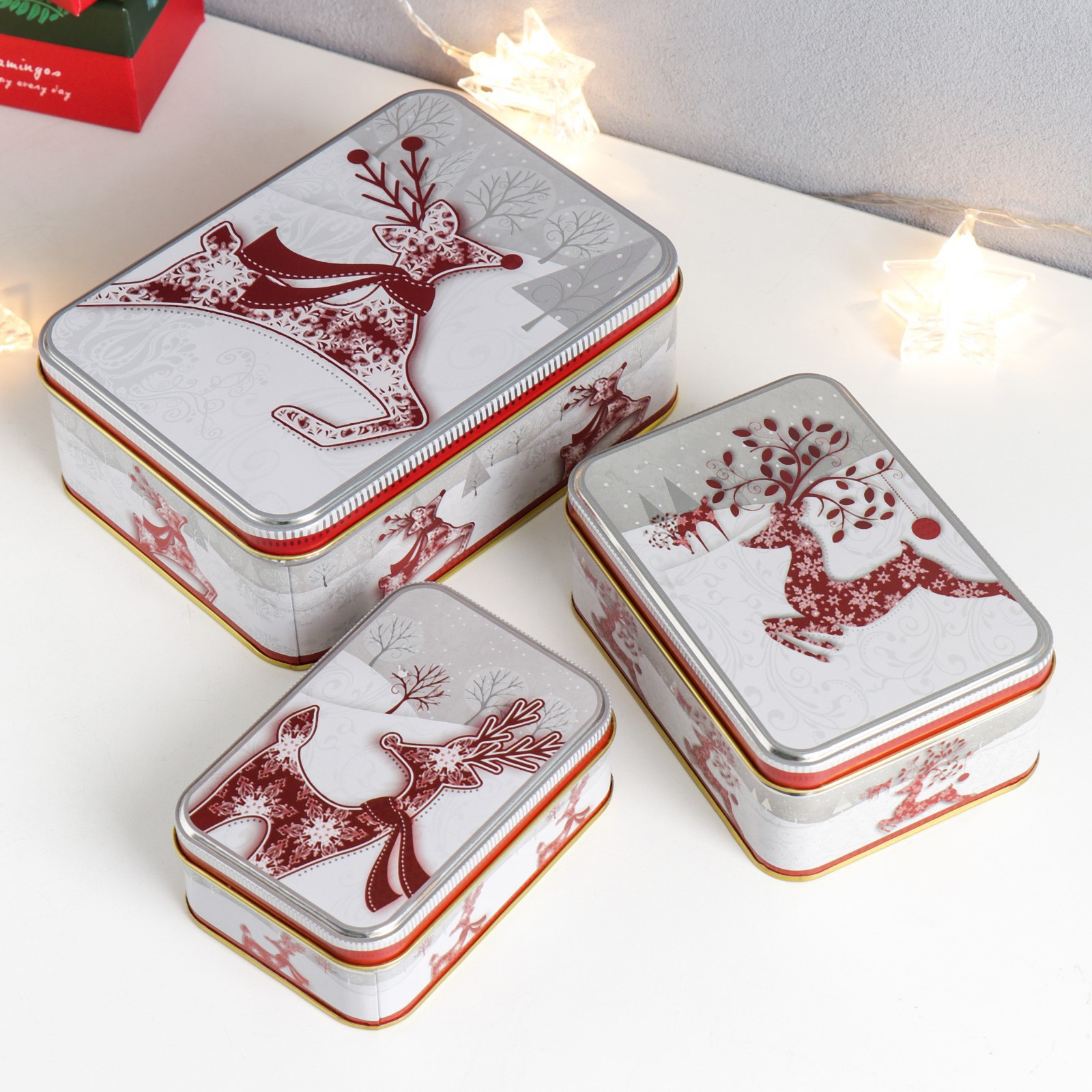Изображение товара Шкатулка SIMALAND «Красный олень» — металлическая, 3 шт, 14/12,5/13,3 см