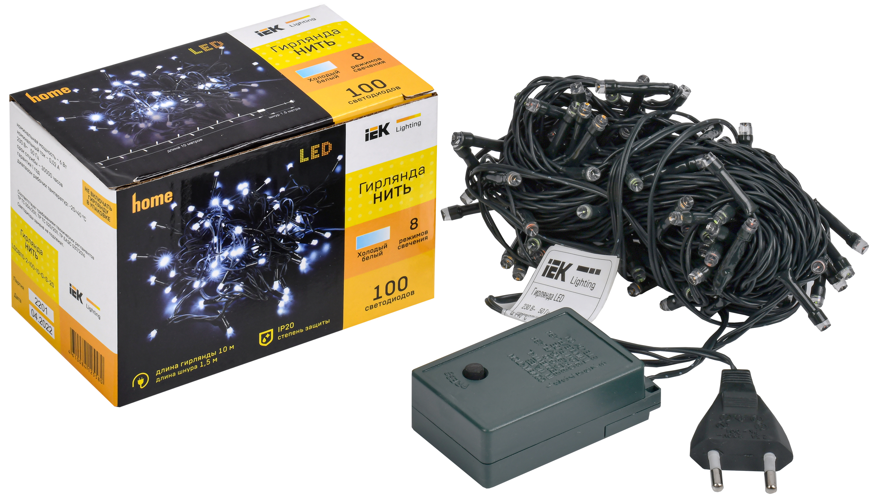 Изображение товара Электрогирлянда комнатная Iek нить 10 м 100 ламп холодный белый 8 режимов работы