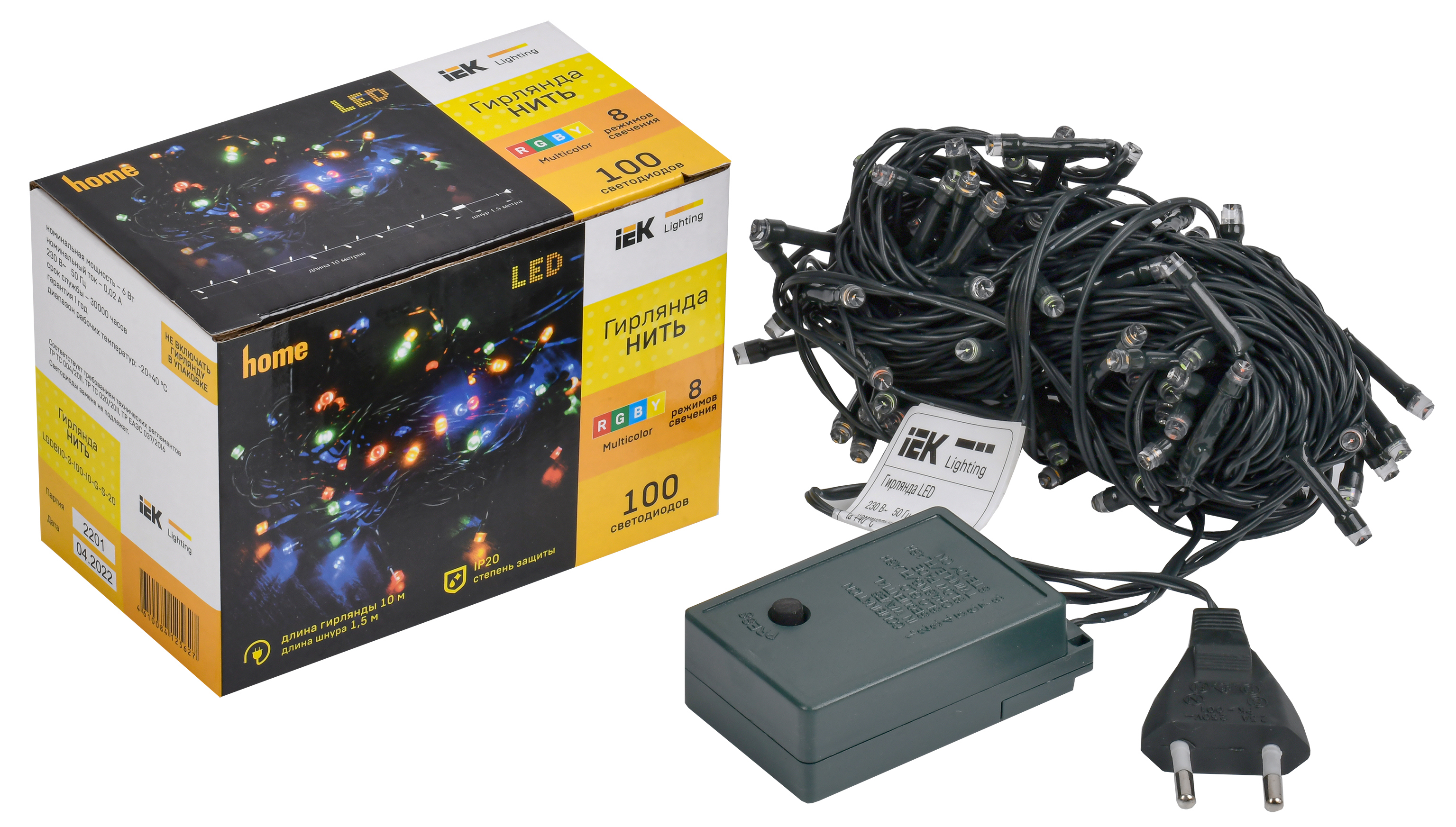 Изображение товара Электрогирлянда комнатная Iek нить 10 м 100 ламп мультиколор 8 режимов работы