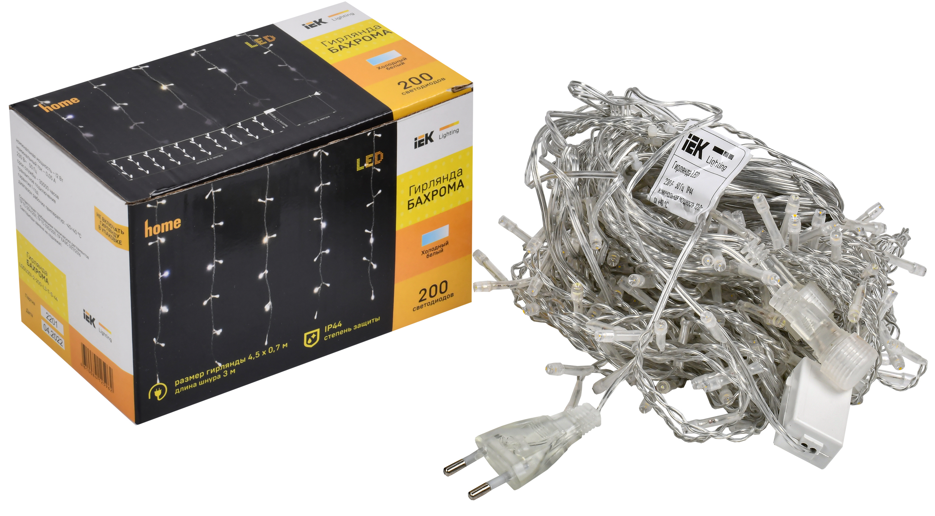 Изображение товара Электрогирлянда бахрома IEK 4.5 м 200 LED холодный белый IP44 для улицы и дома
