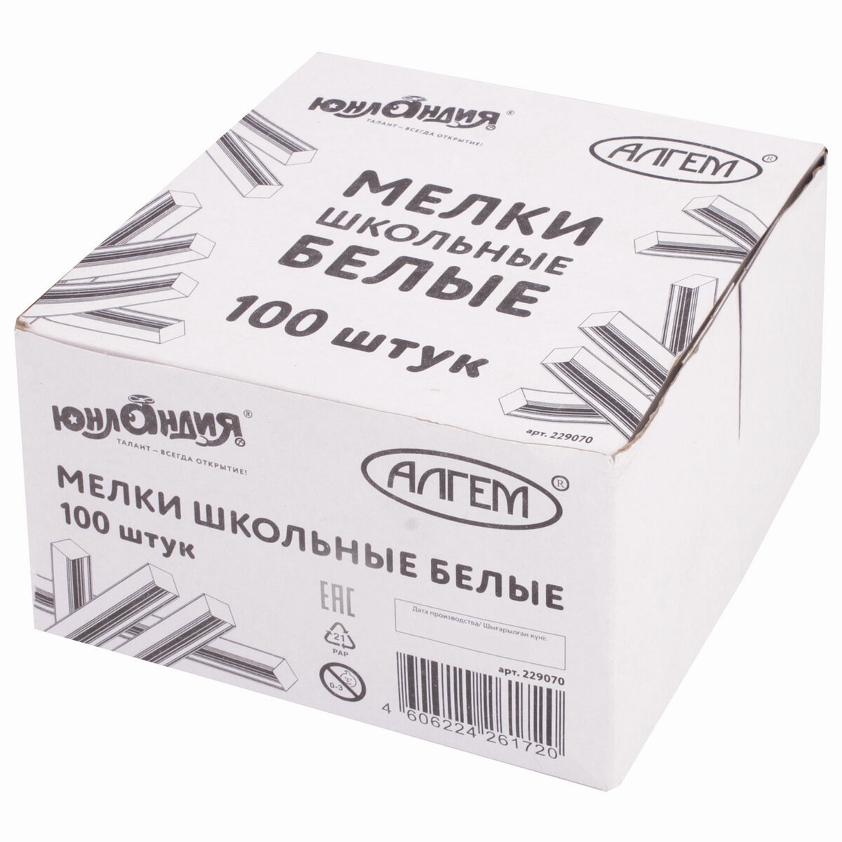 Изображение товара Мел белый Юнландия (Алгем) 229070, натуральный набор 100 штук, квадратный