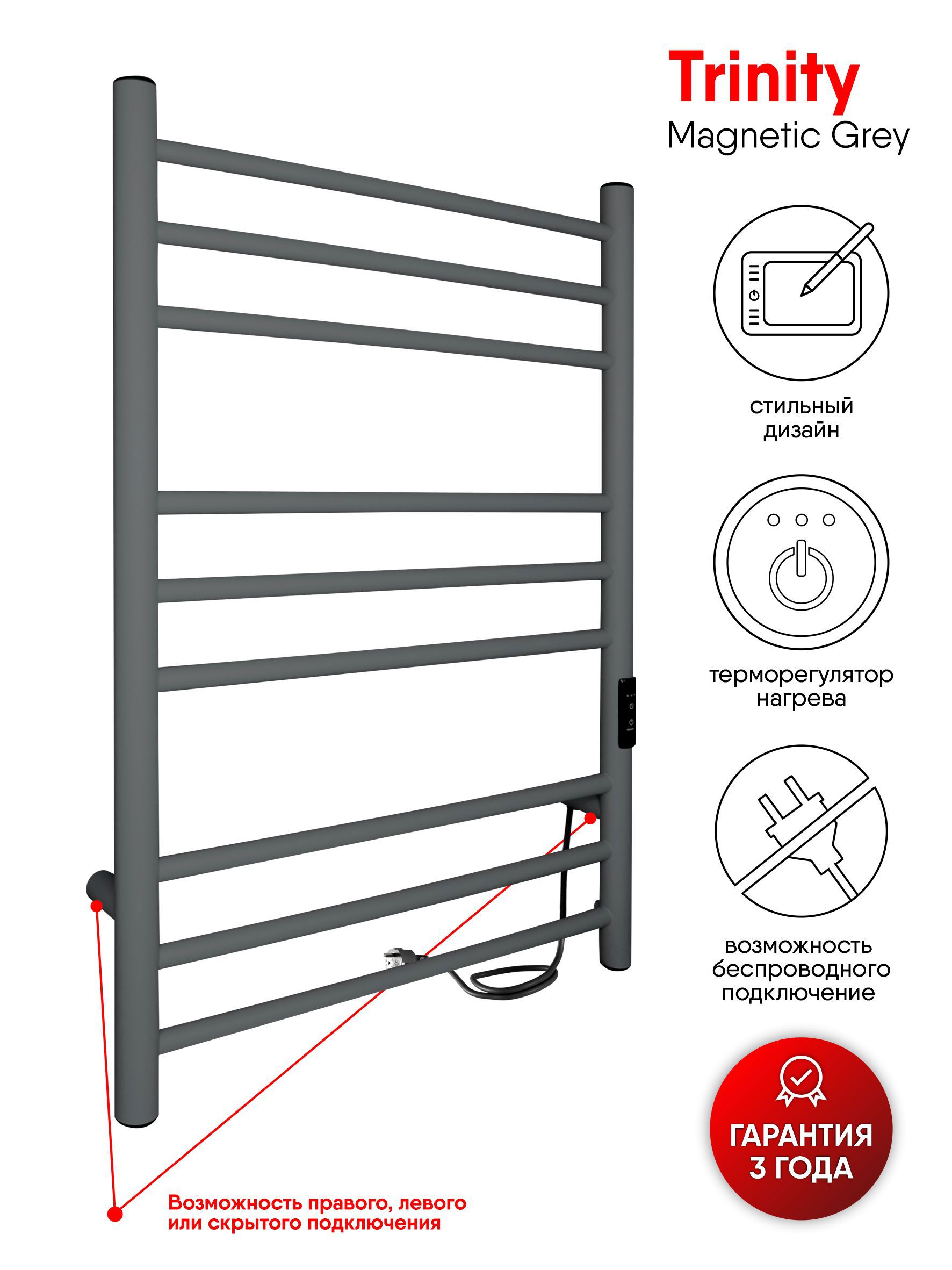 Изображение товара Полотенцесушитель электрический INDIGO Trinity 80x50 см с таймером серый