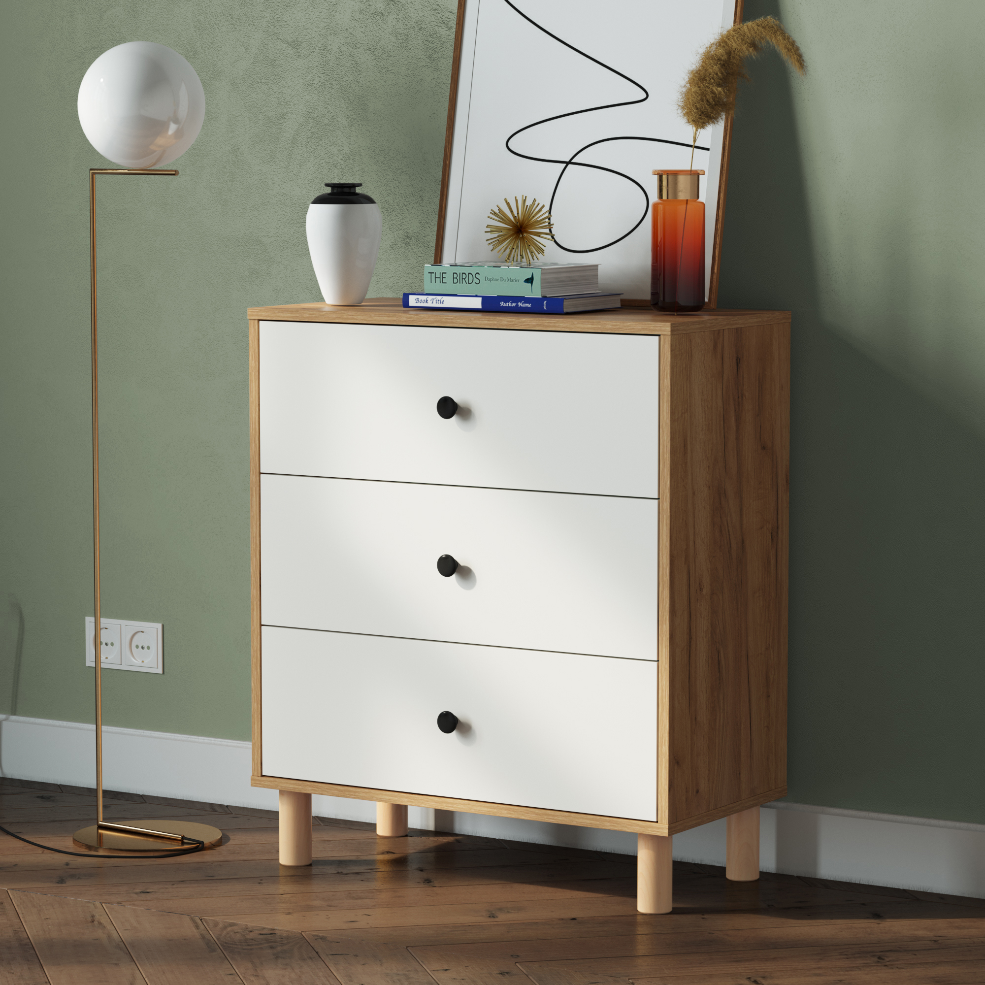 Изображение товара Комод Смк Норд 3 ящика из ЛДСП дуб крафт золотой стильный и вместительный