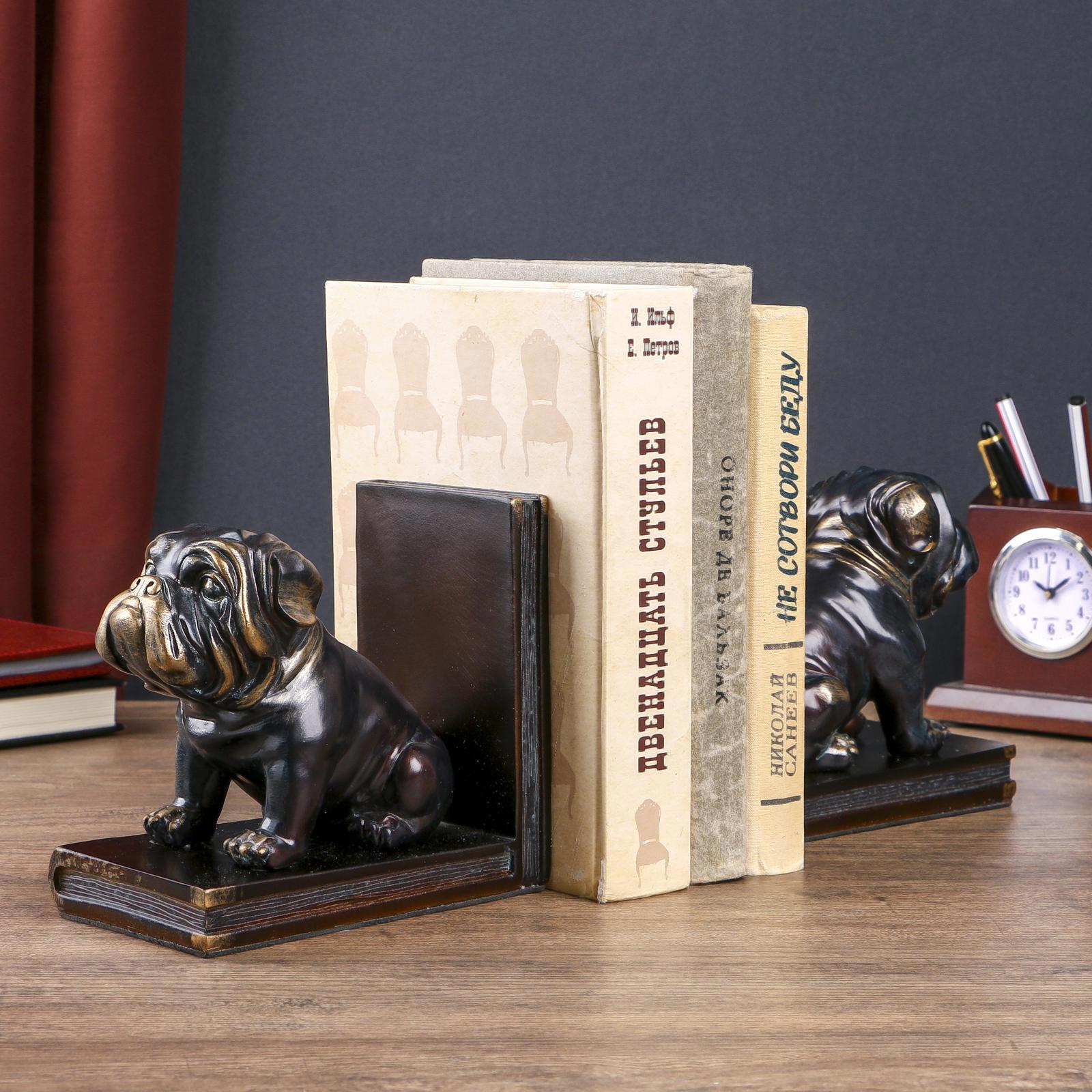 Изображение товара Держатели для книг "Чёрные бульдоги" с золотом набор 2 штуки 14x15.5x9 см