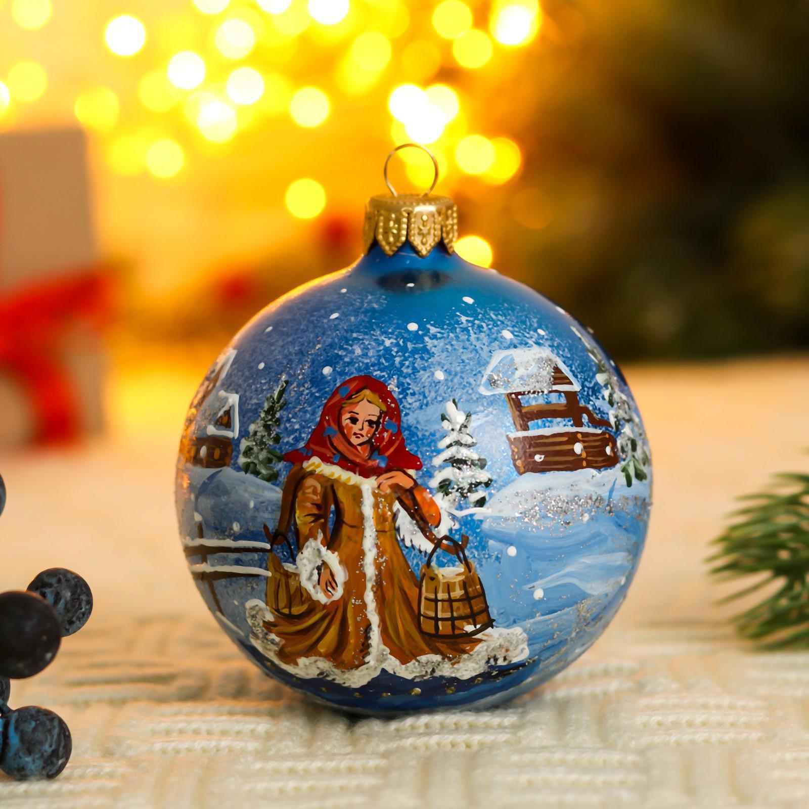 Изображение товара Ёлочный шар Русская красавица 8 см стекло ручная роспись синий