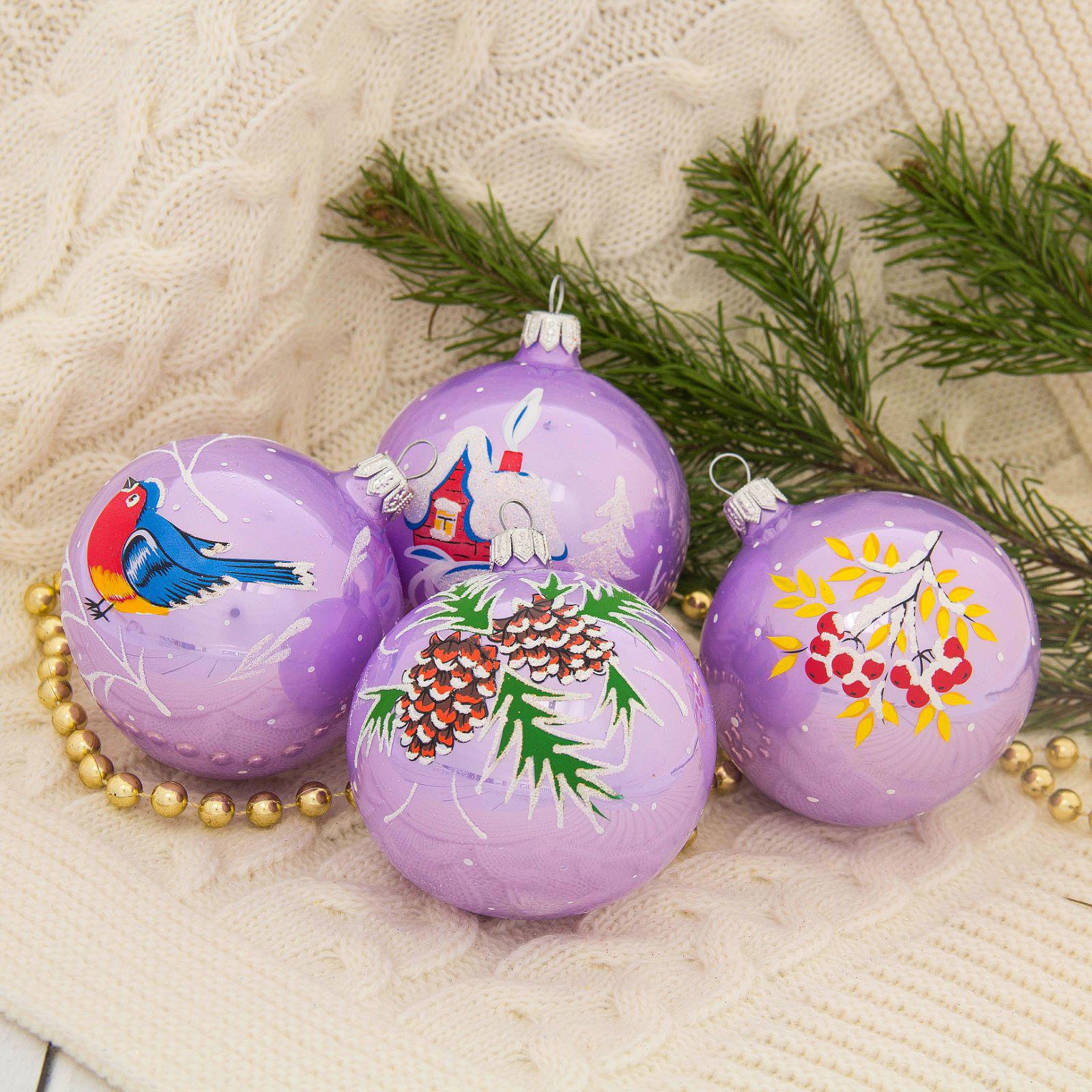 Изображение товара Набор елочных шаров Ёлочка 1721487 Зима 8 см стекло фиолетовый 4 шт