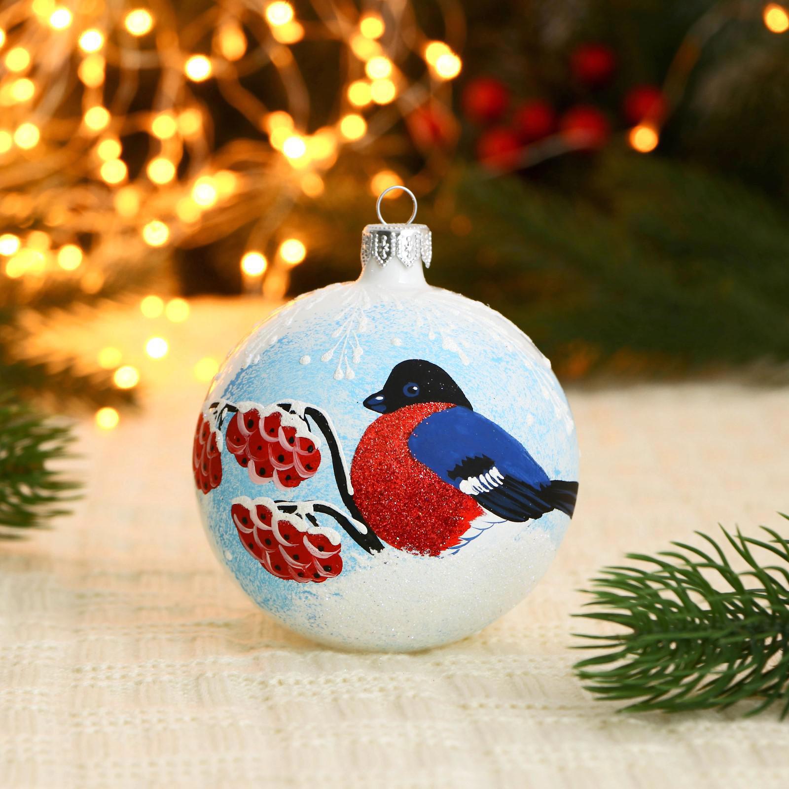 Изображение товара Ёлочный шар Винтажный шар снегирь с рябиной 8 см стекло синій