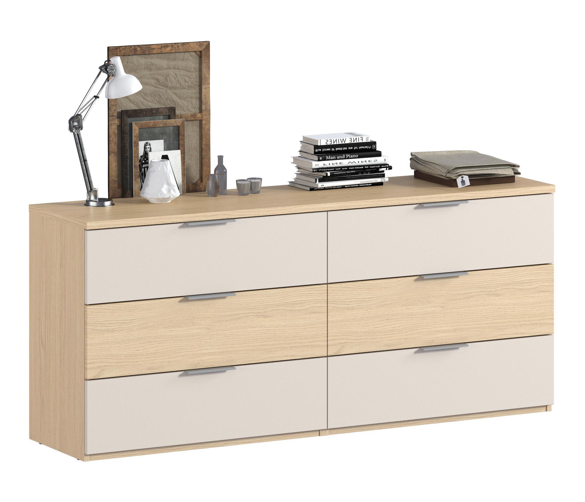 Изображение товара Комод Афина СБ-3325 с 6 ящиками из ЛДСП, серый и дуб, размеры 159x70x40 см