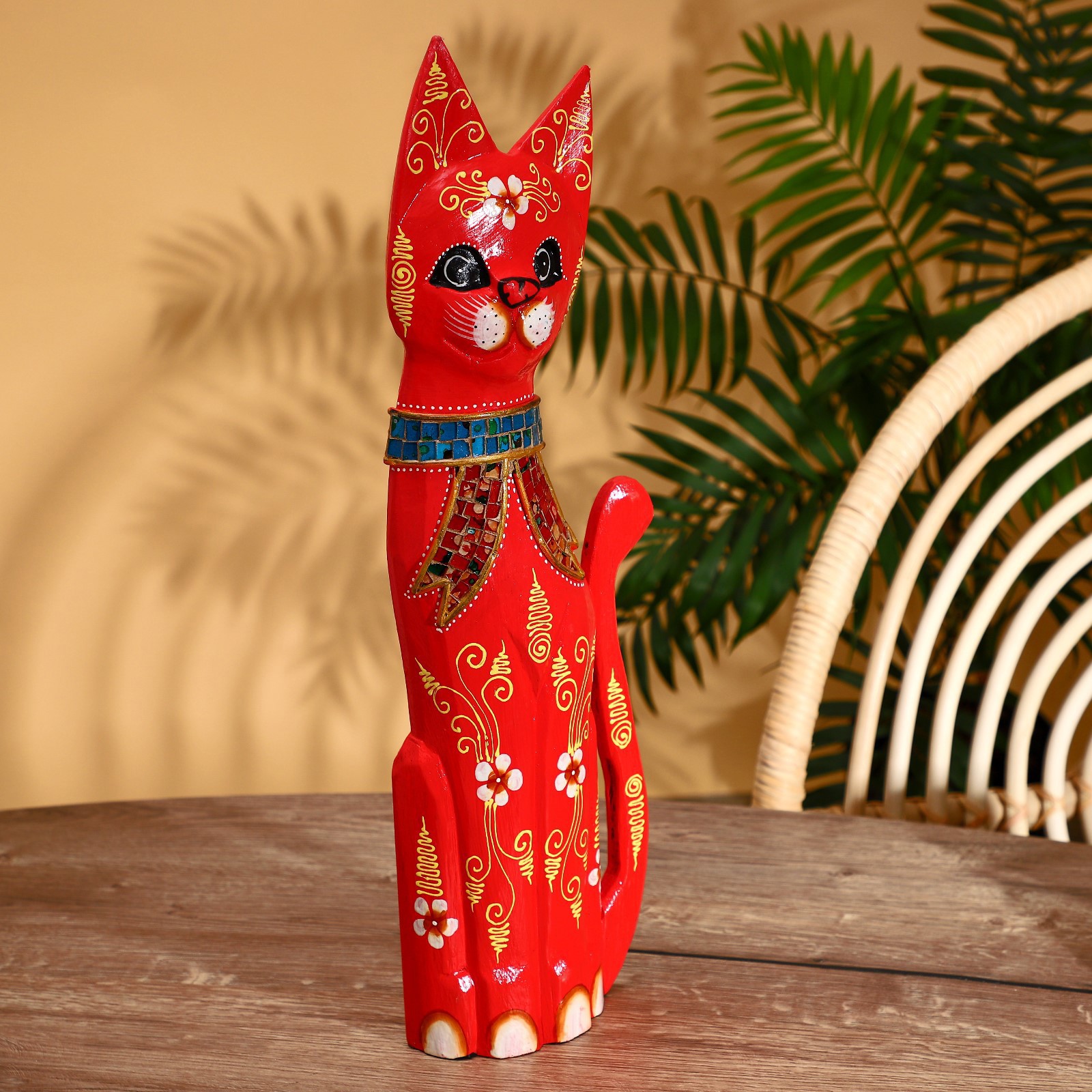 Изображение товара Интерьерный сувенир "Кошка" красная в голубом ошейничке 50 см