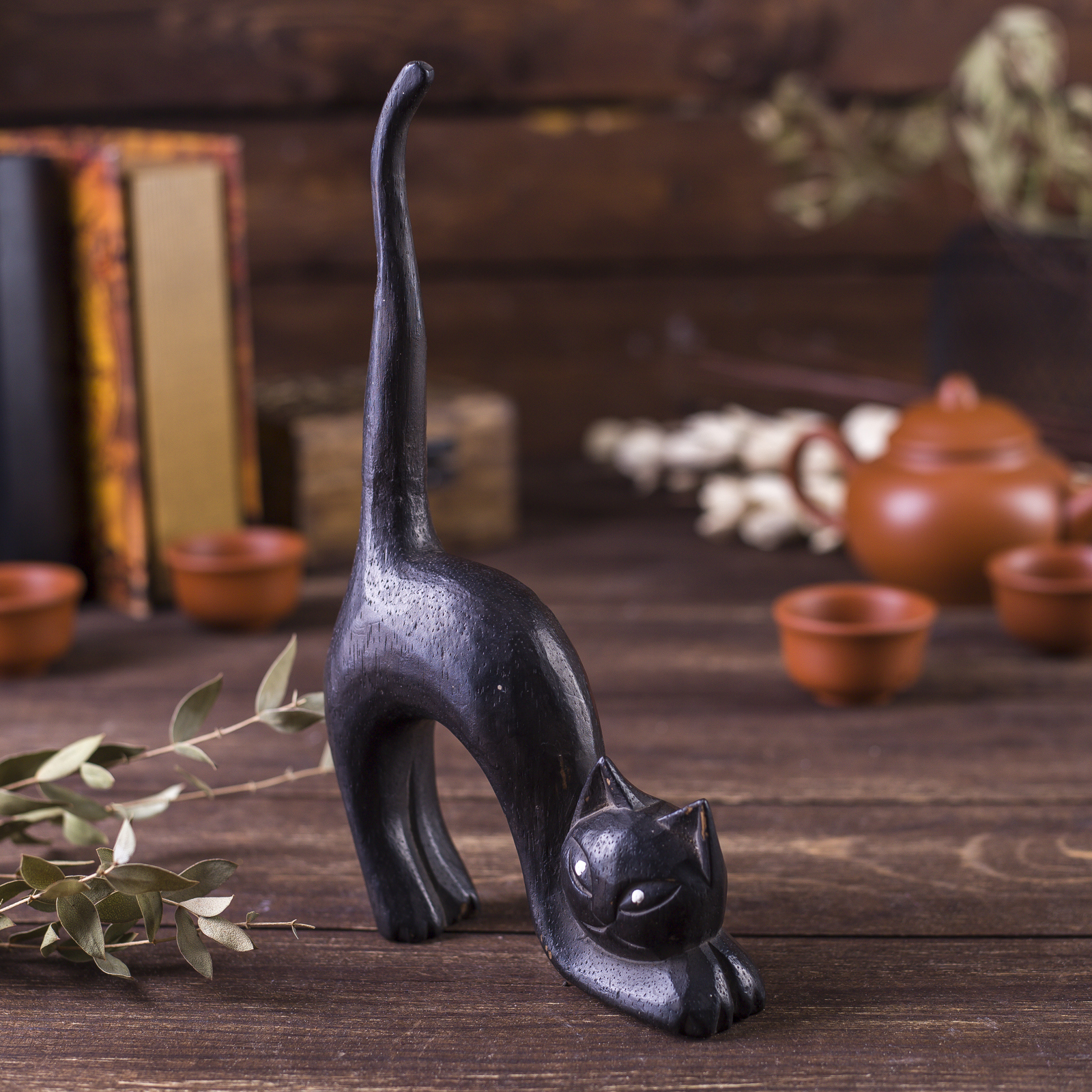 Изображение товара Интерьерный сувенир "Кошка под кольца черная выгнутая" 15x3x25 см