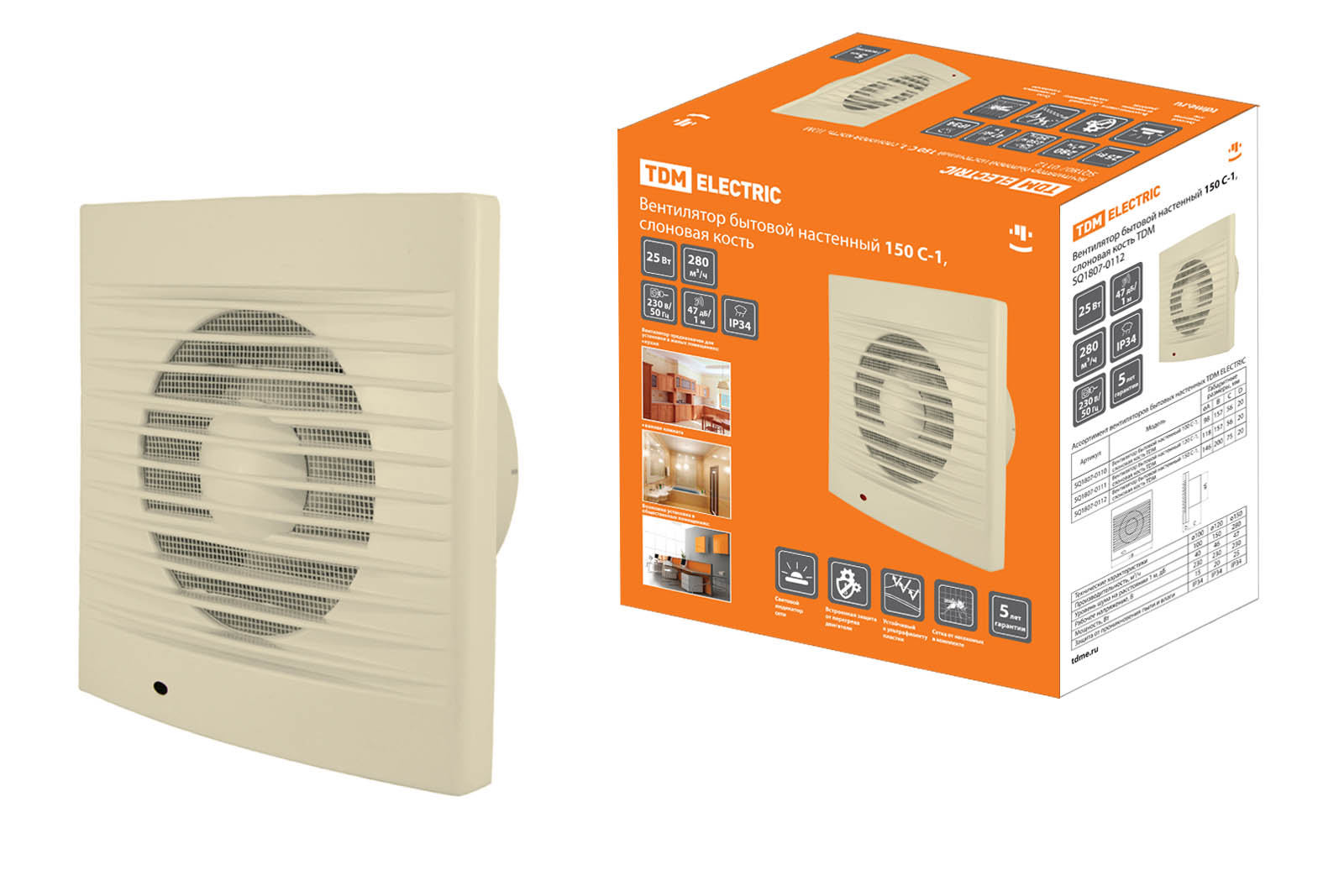 Изображение товара Вентилятор настенный вытяжной Tdm electric SQ1807-0112 D150 мм 46 дБ 280 м³/ч цвет слоновая кость