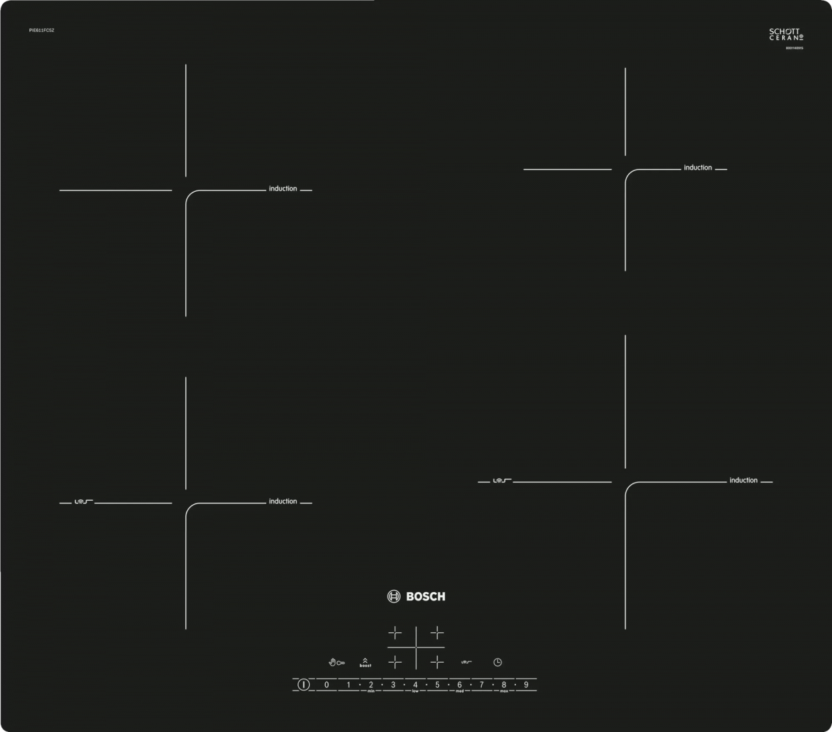 Изображение товара Индукционная варочная панель Bosch PIE611FC5Z 4 конфорки сенсорное управление черная